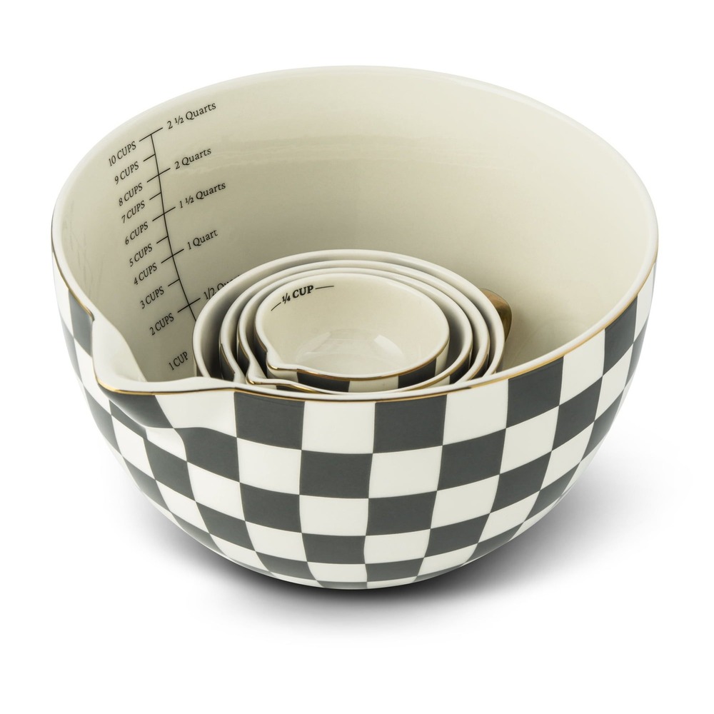 Thyme &‎ Table 5-Piece Ceramic Mixing Bowl and Measuring Set, Black Checkered
